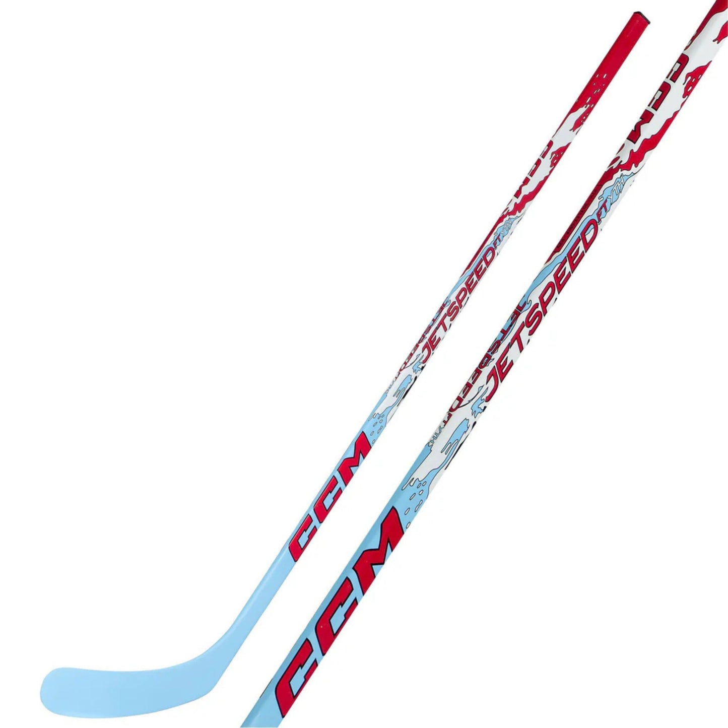A photo of the CCM JetSpeed FT Youth Hockey Stick (2026) in color blue, white and red with red text.
