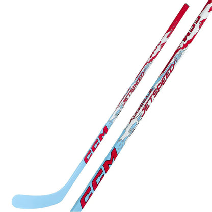 A photo of the CCM JetSpeed FT Youth Hockey Stick (2026) in color blue, white and red with red text.