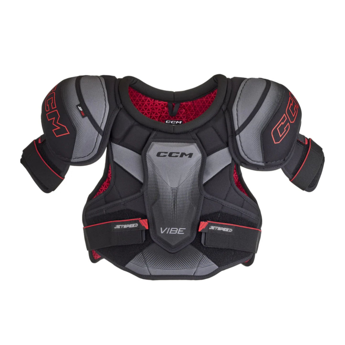 A photo of the CCM JetSpeed Vibe Hockey Shoulder Pads in colour black, grey and red.