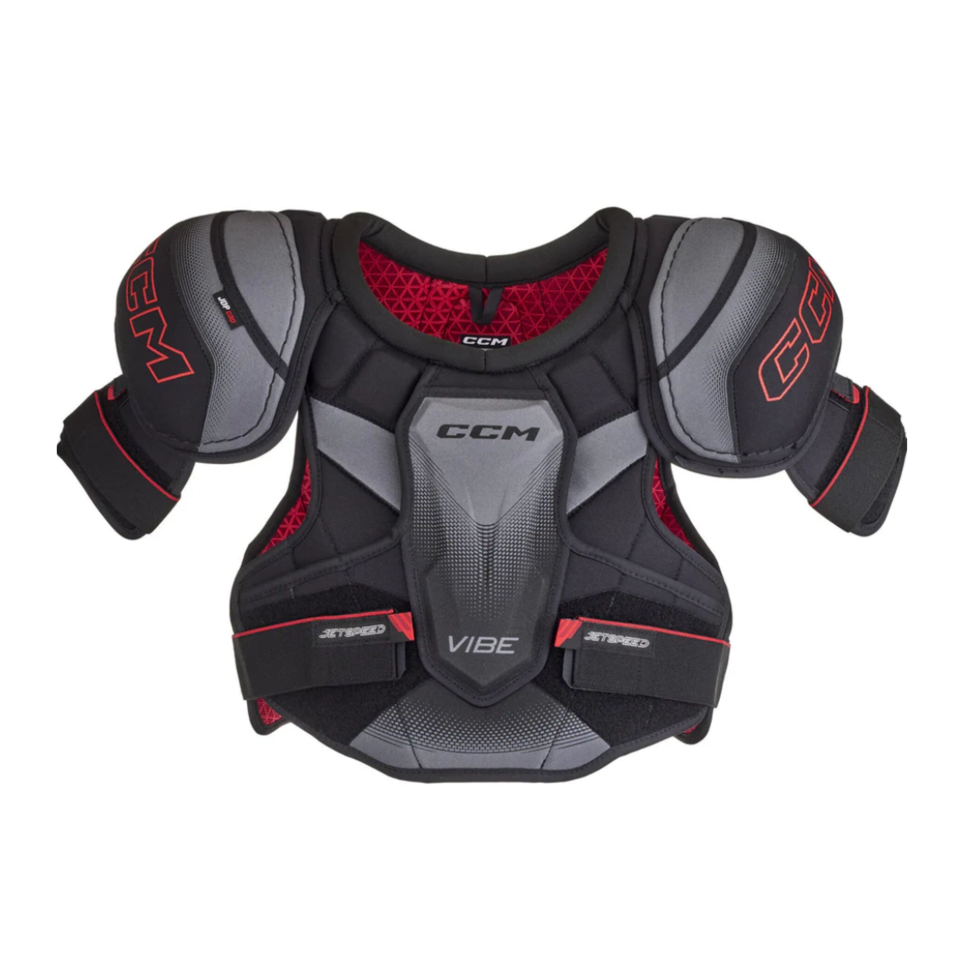 A photo of the CCM JetSpeed Vibe Hockey Shoulder Pads in colour black, grey and red.