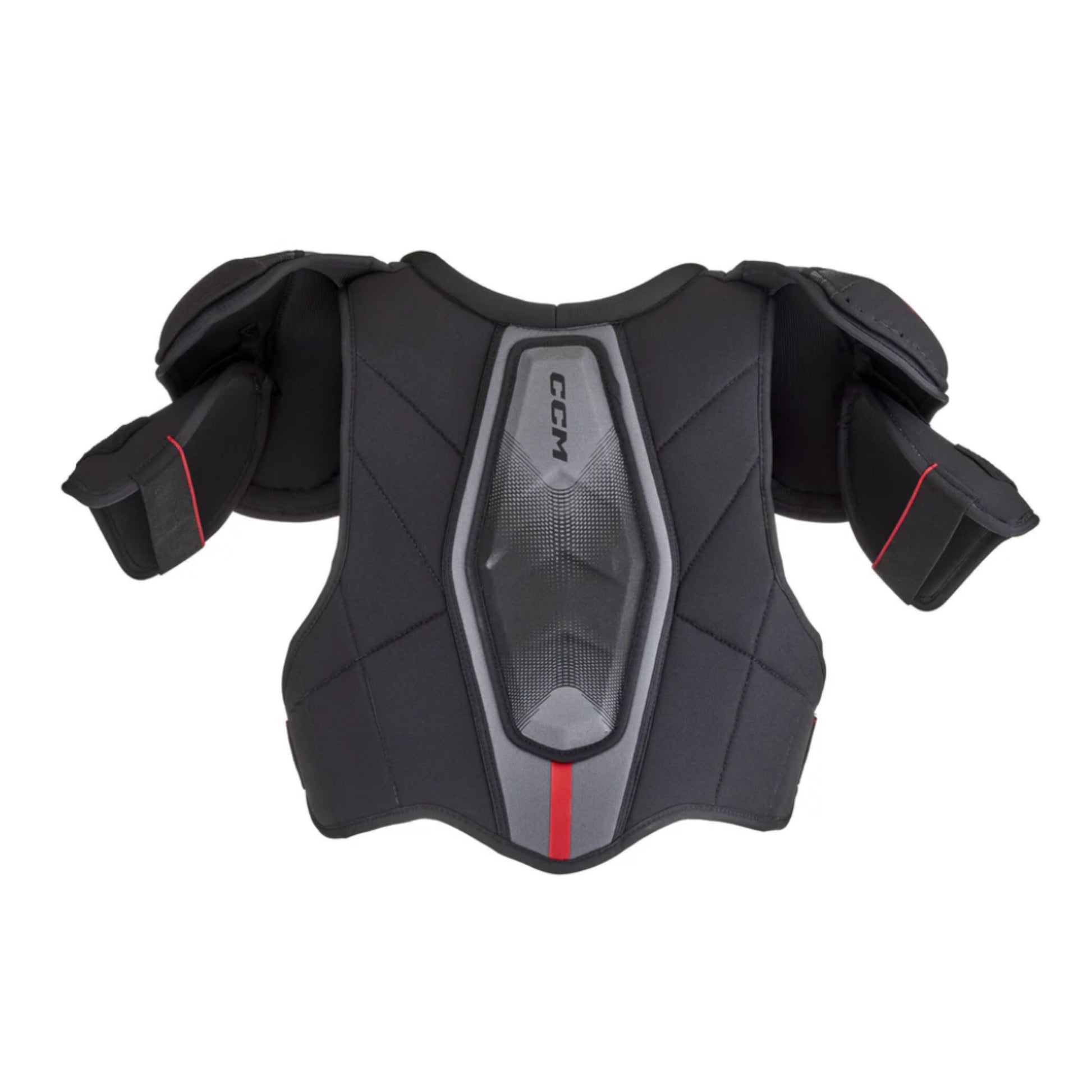 A photo of the CCM JetSpeed Vibe Hockey Shoulder Pads in colour black, grey and red.