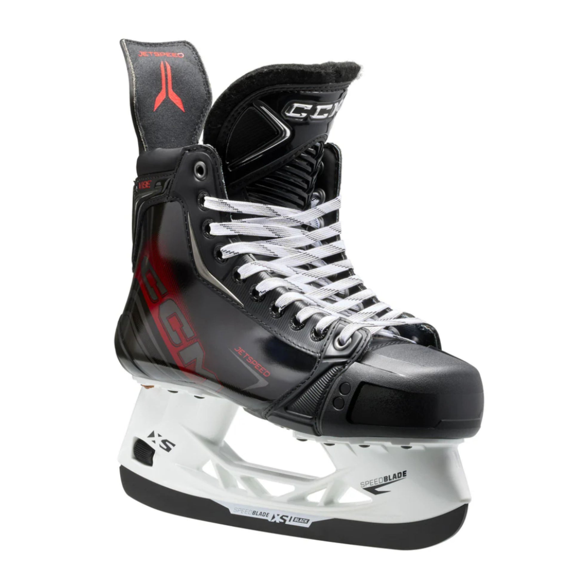A photo of the CCM JetSpeed Vibe Hockey Skates in colour black and red.