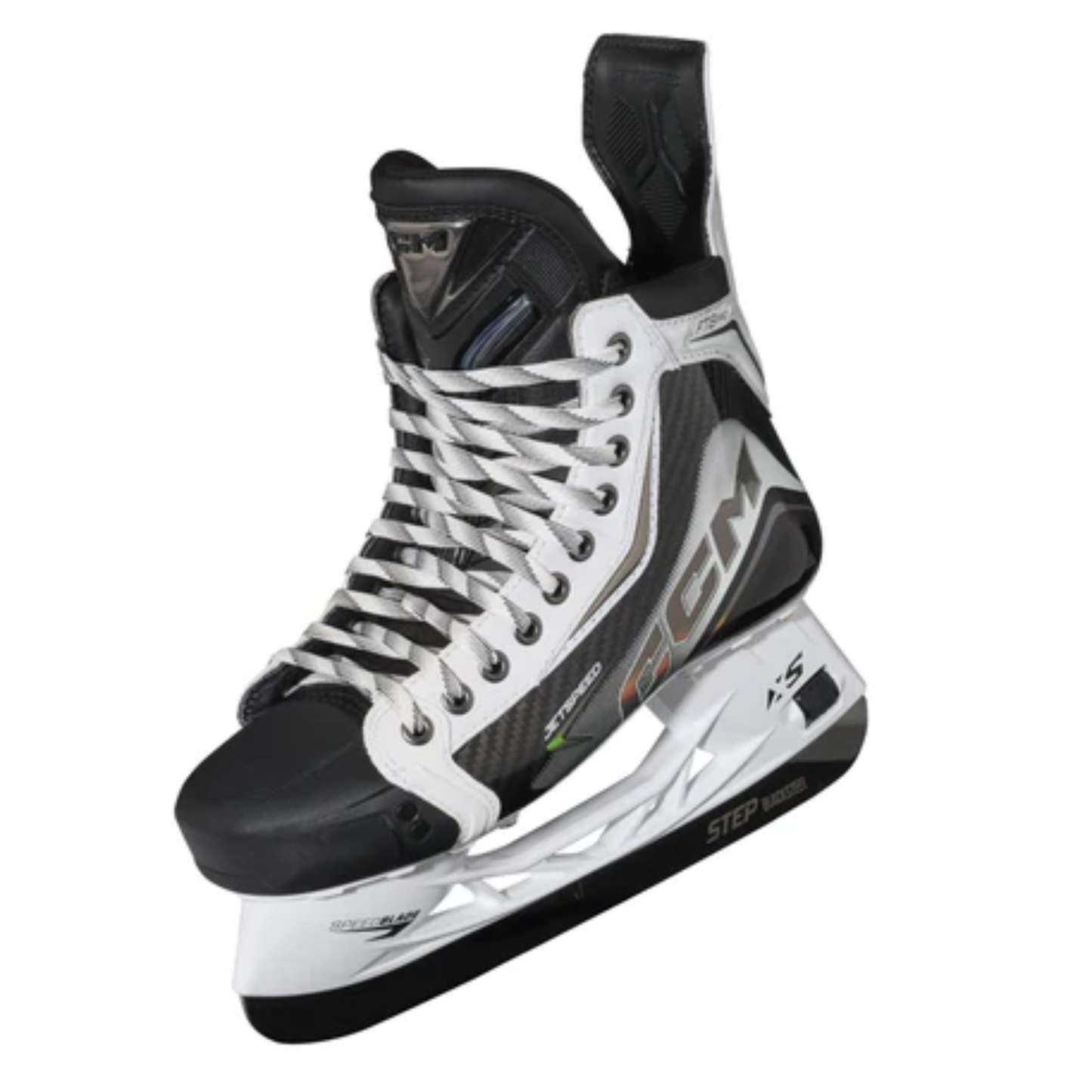 A photo of the CCM Jetspeed FT8 Pro White Edition Senior Hockey Skates in colours black and white. The skate uses an XS SpeedBlade holder in colour white, and a black Step Blacksteel blade.