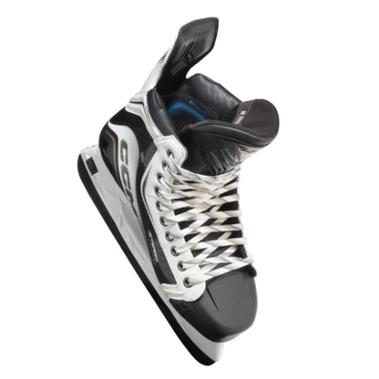 A photo of the CCM Jetspeed FT8 Pro White Edition Senior Hockey Skates in colours black and white. The skate uses an XS SpeedBlade holder in colour white, and a black Step Blacksteel blade.