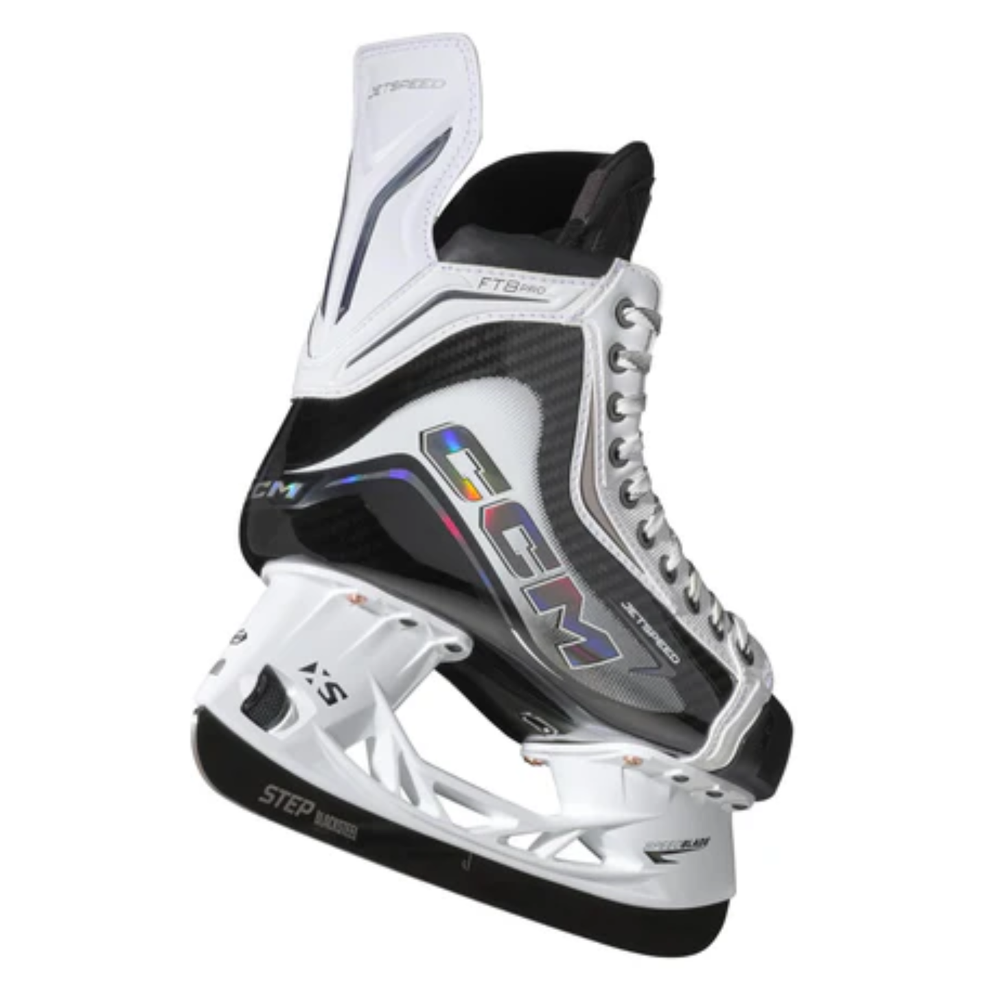 A photo of the CCM Jetspeed FT8 Pro White Edition Senior Hockey Skates in colours black and white. The skate uses an XS SpeedBlade holder in colour white, and a black Step Blacksteel blade.