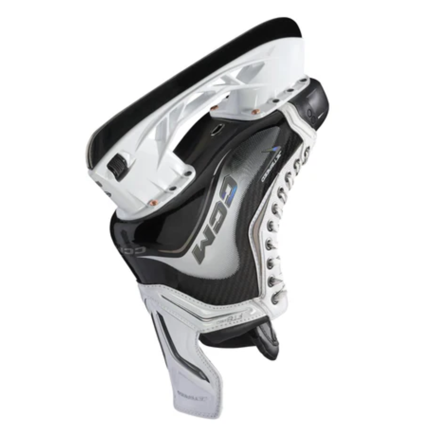 A photo of the CCM Jetspeed FT8 Pro White Edition Senior Hockey Skates in colours black and white. The skate uses an XS SpeedBlade holder in colour white, and a black Step Blacksteel blade.