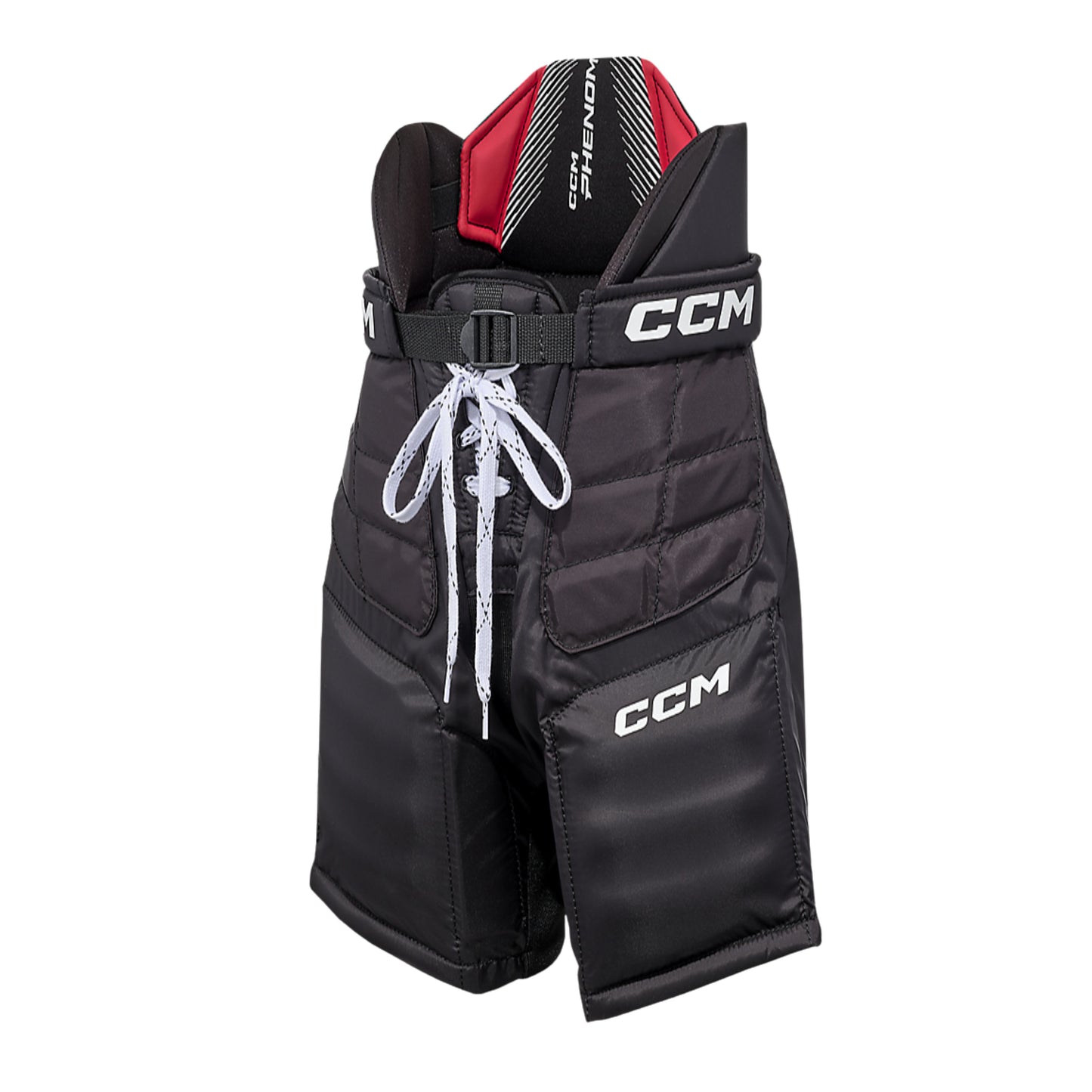 A photo of the CCM Phenom Goalie Pants Youth in colour black and red.