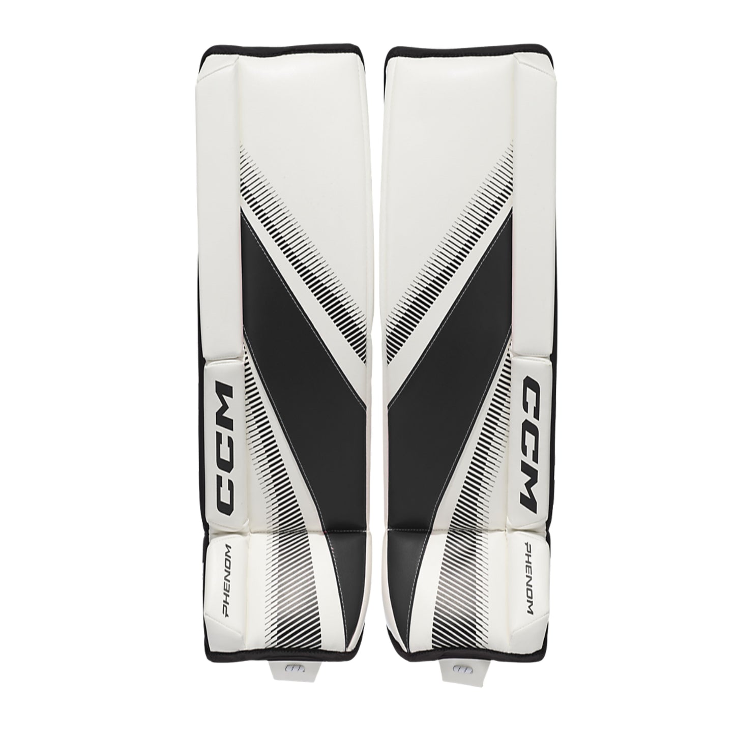 A photo of the CCM Phenom Youth Goalie Pads in colour white and black.