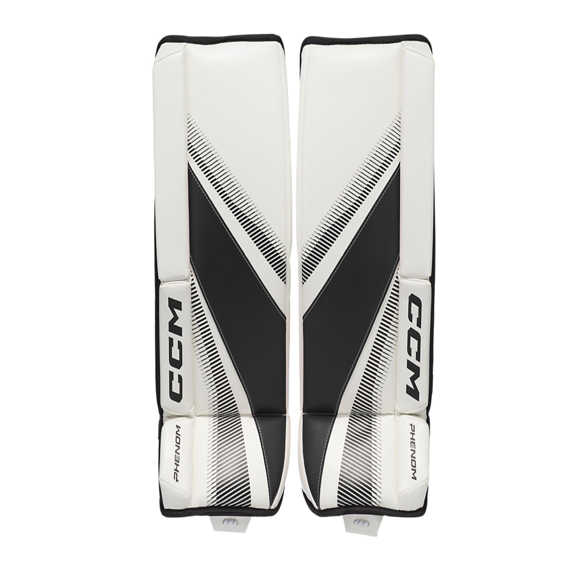 A photo of the CCM Phenom Youth Goalie Pads in colour white and black.