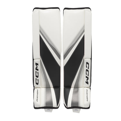 A photo of the CCM Phenom Youth Goalie Pads in colour white and black.