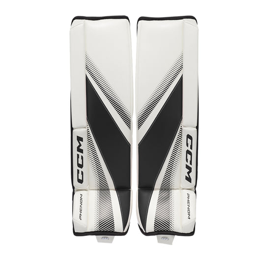 A photo of the CCM Phenom Youth Goalie Pads in colour white and black.
