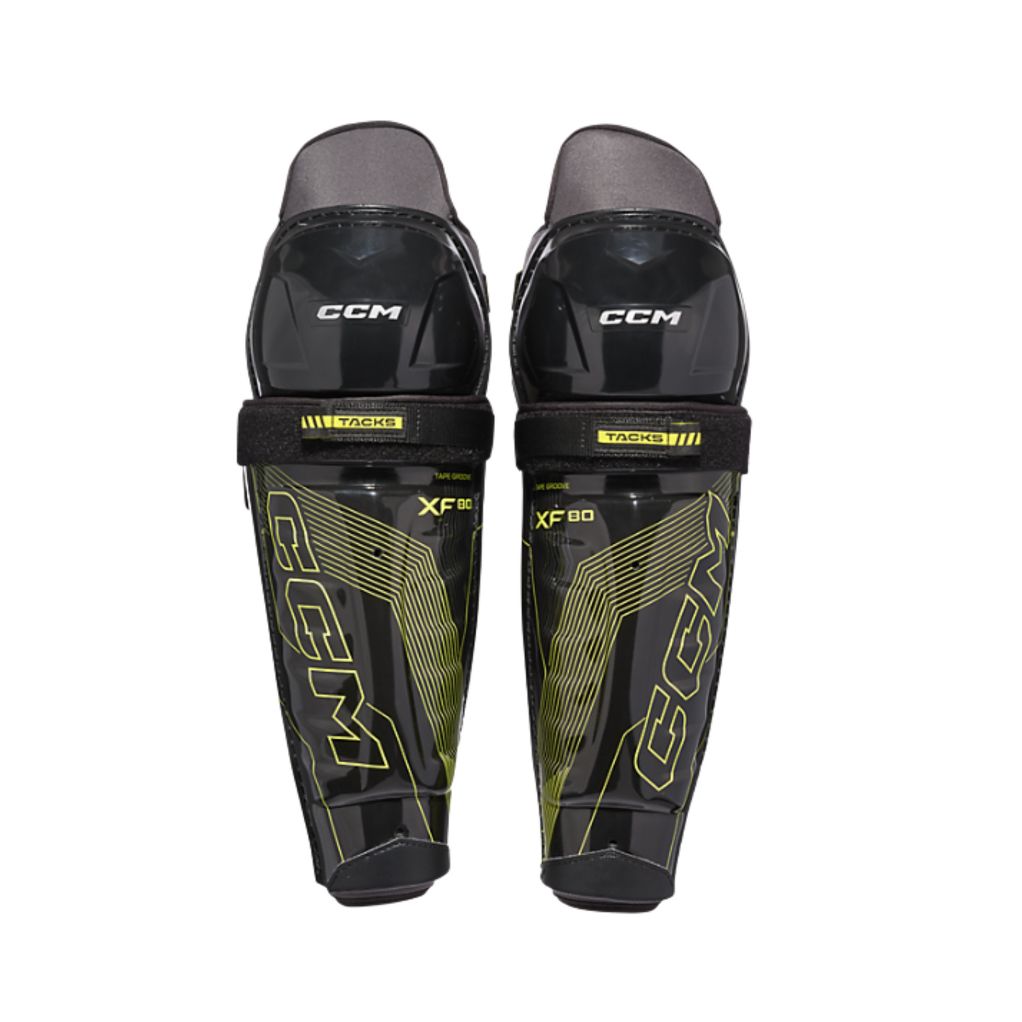 A photo of the CCM TACKS XF80 Hockey Shin Guards Senior in colour black and green.