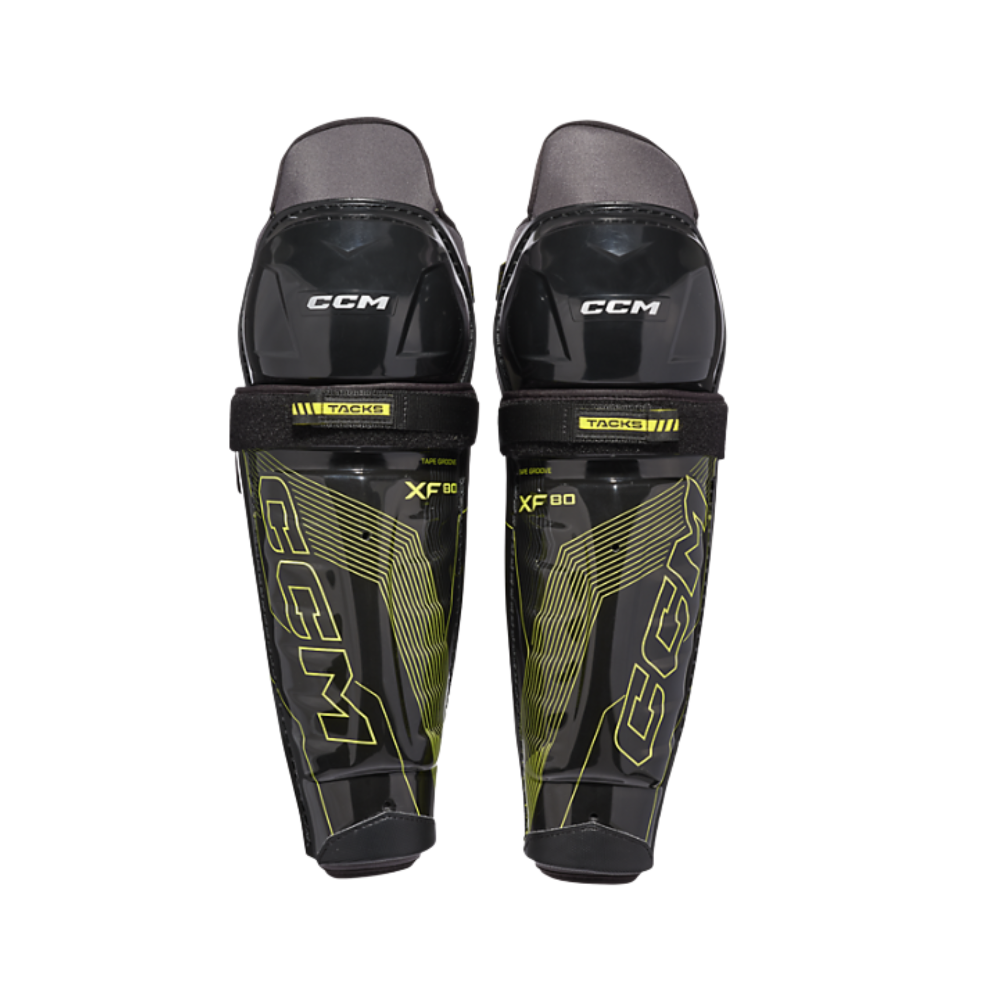 A photo of the CCM TACKS XF80 Hockey Shin Guards Senior in colour black and green.