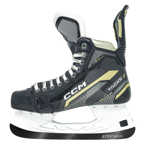 A photo of the CCM Tacks AS-V Pro Senior Hockey Skates 2022 edition with Step Blacksteel in colour black and yellow, alternative side view.