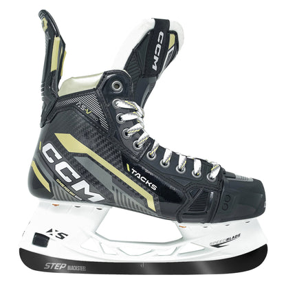 A photo of the CCM Tacks AS-V Pro Senior Hockey Skates 2022 edition with Step Blacksteel in colour black and yellow, side view.