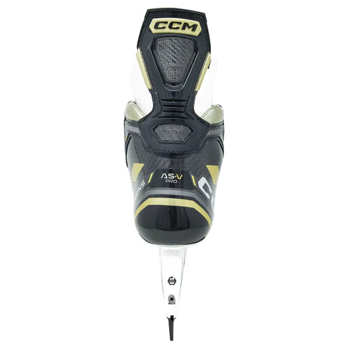 A photo of the CCM Tacks AS-V Pro Senior Hockey Skates 2022 edition with Step Blacksteel in colour black and yellow, back view.