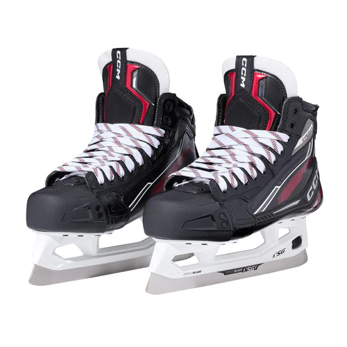 A photo of the CCM Tacks EFLEX 6.9 Junior Goalie Skates in colour black and red, dual view.