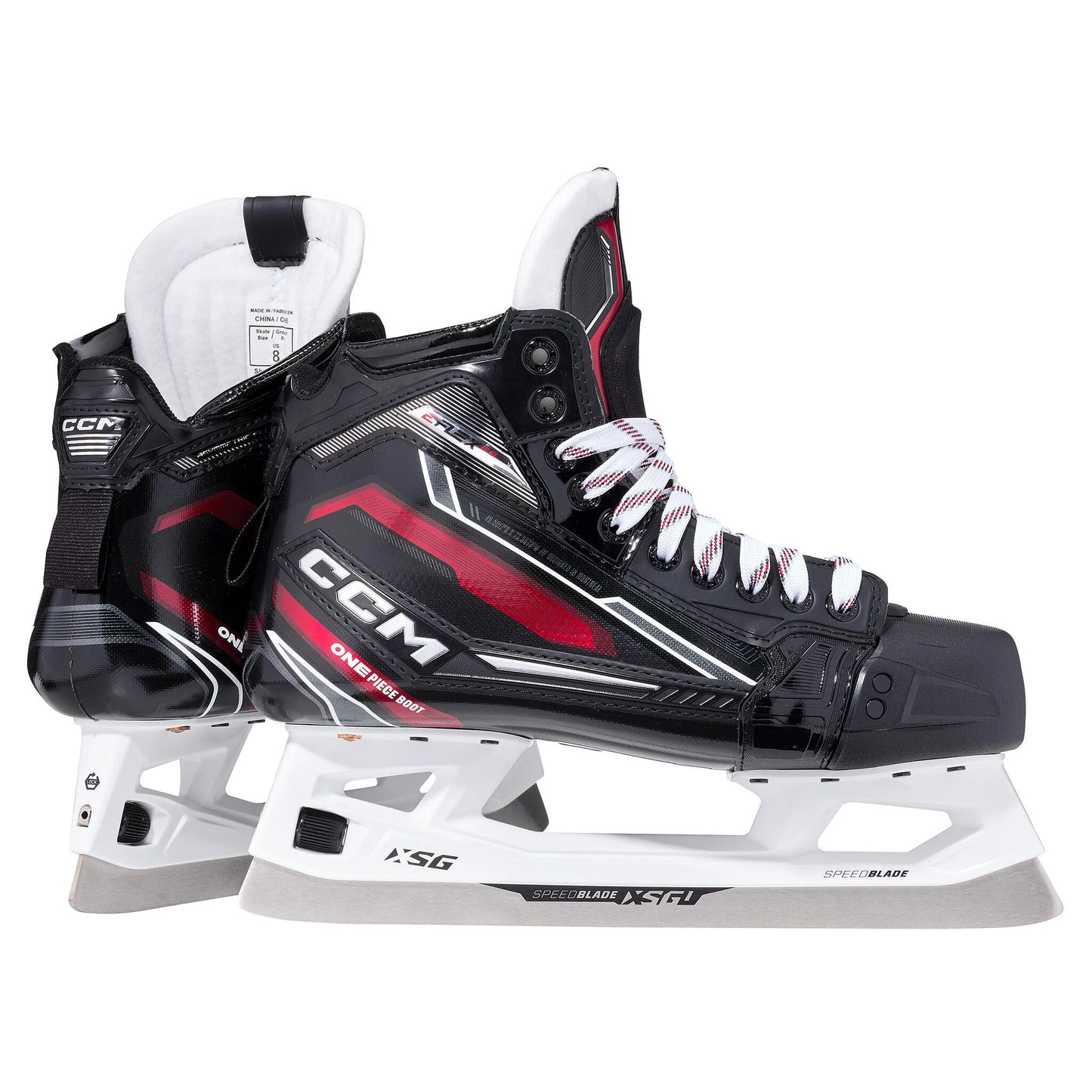 A photo of the CCM Tacks EFLEX 6.9 Junior Goalie Skates in colour black and red, side view.