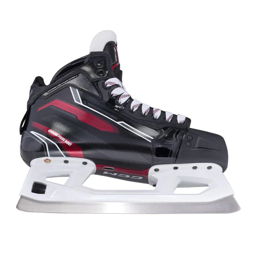 A photo of the CCM Tacks EFLEX 6.9 Junior Goalie Skates in colour black and red, side view.