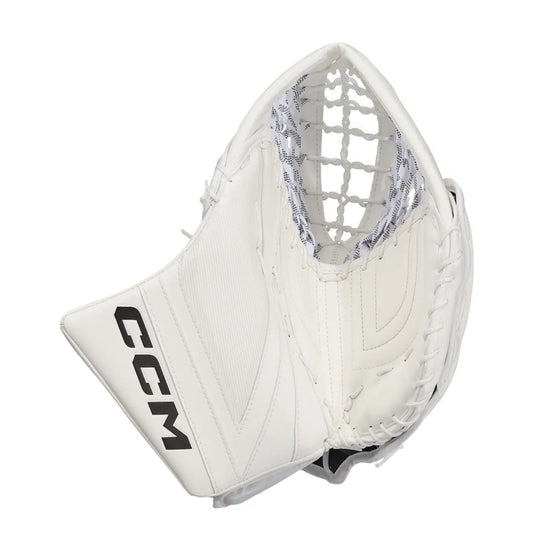 A photo of the CCM Tacks Pro Senior Goalie Catcher (2026) in colour white.