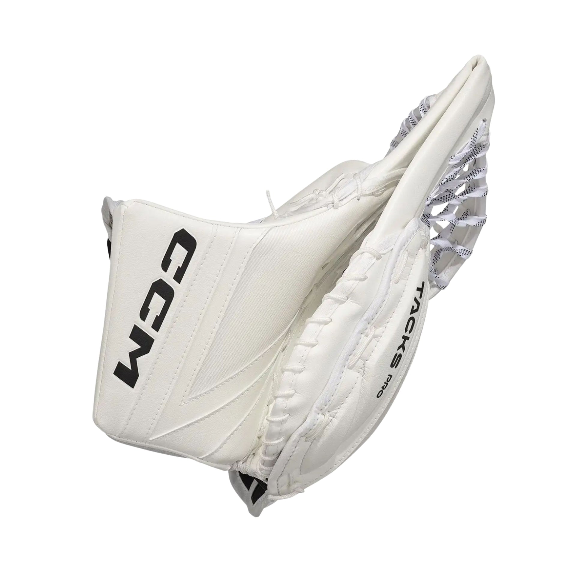 A photo of the CCM Tacks Pro Senior Goalie Catcher (2026) in colour white.