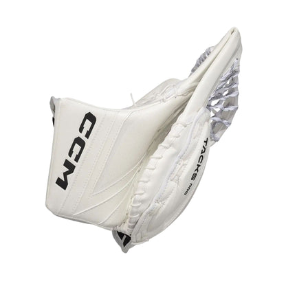 A photo of the CCM Tacks Pro Senior Goalie Catcher (2026) in colour white.