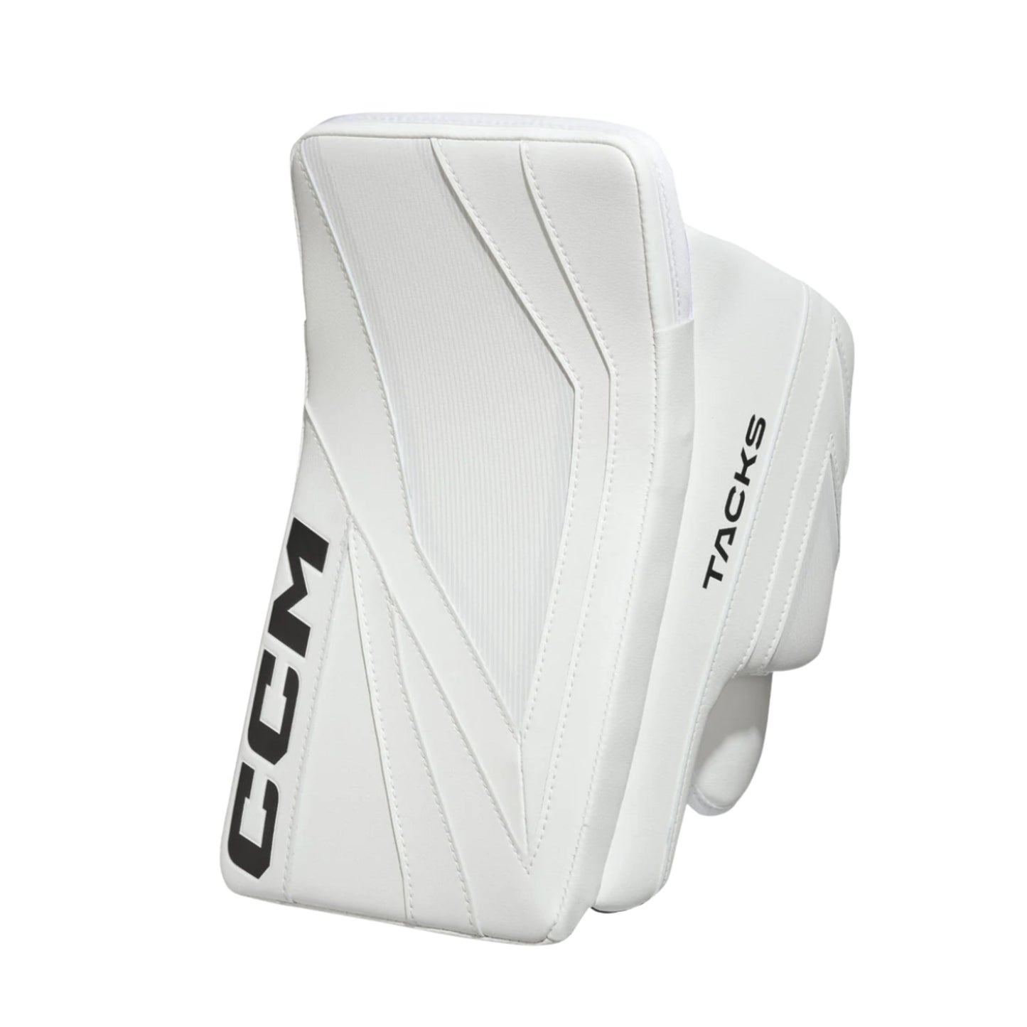 A photo of the CCM Tacks Senior Goalie Blocker (2026) in colour white.