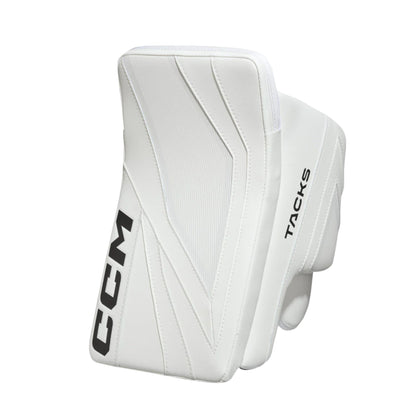 A photo of the CCM Tacks Senior Goalie Blocker (2026) in colour white.