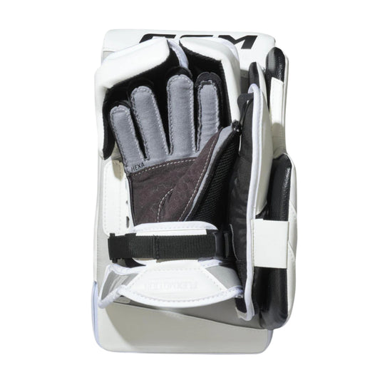 A photo of the CCM Tacks Senior Goalie Blocker (2026) in colour white.