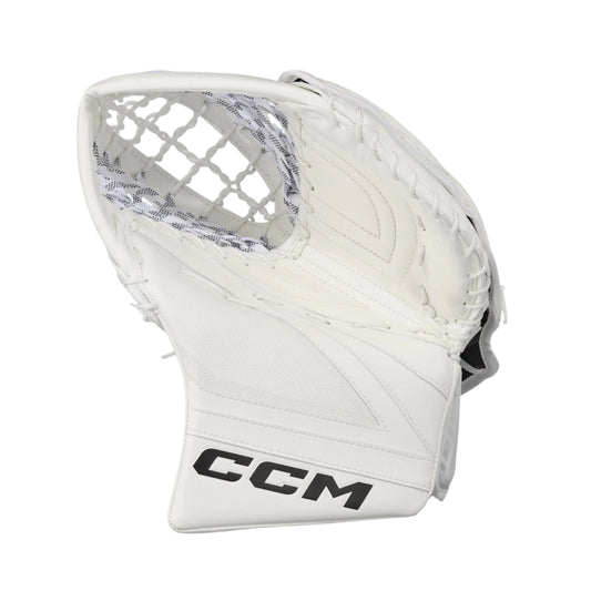 A photo of the CCM Tacks Senior Goalie Catcher (2026) in colour white.