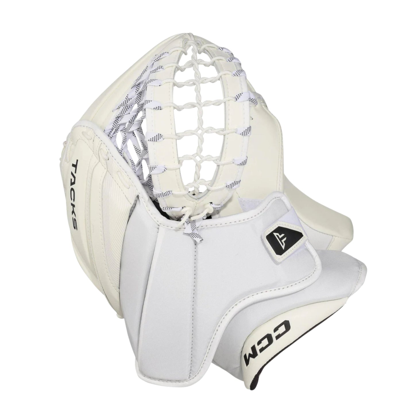 A photo of the CCM Tacks Senior Goalie Catcher (2026) in colour white.
