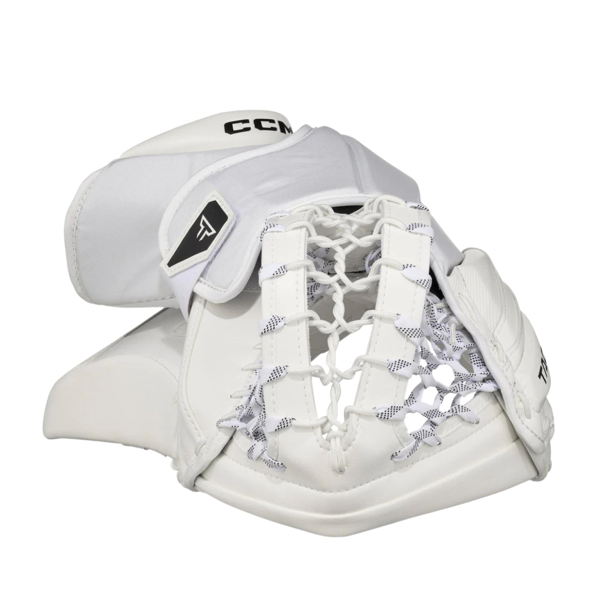 A photo of the CCM Tacks Senior Goalie Catcher (2026) in colour white.