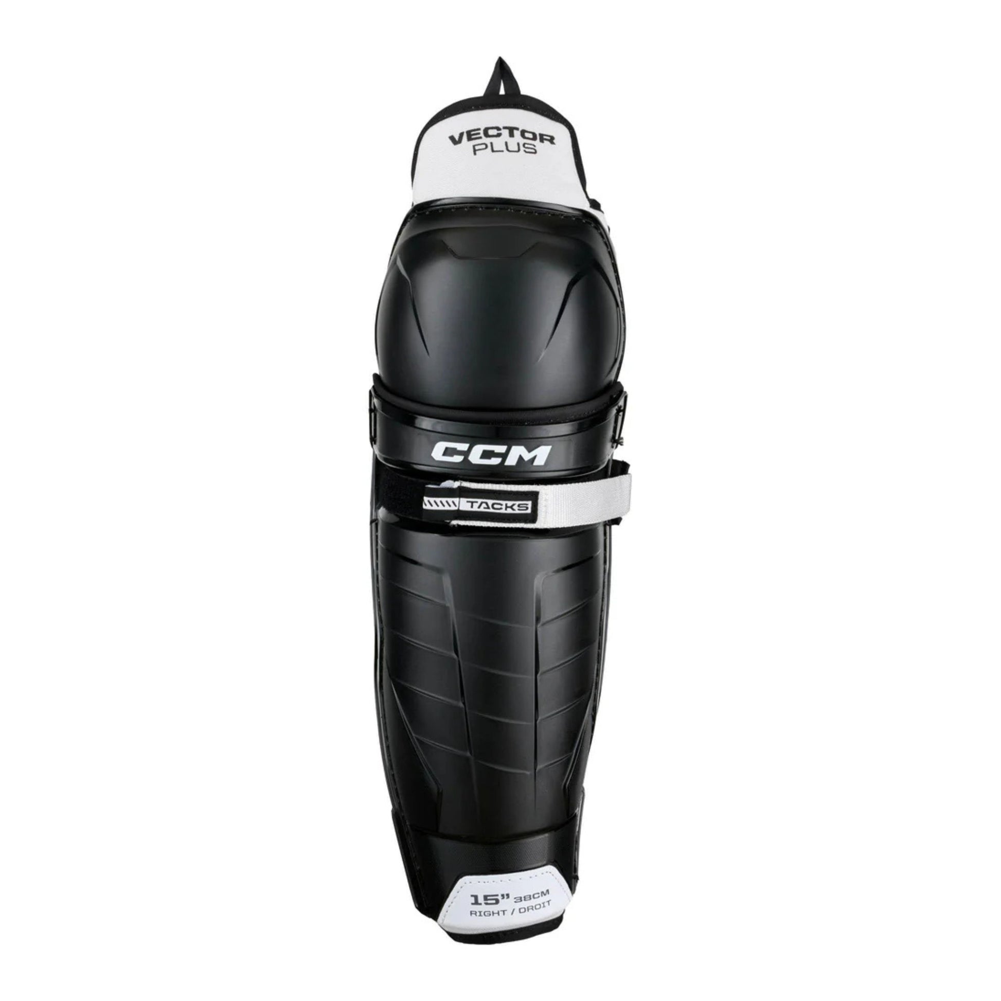 A photo of the CCM Tacks Vector Plus Hockey Shin Guards in colour black and white.