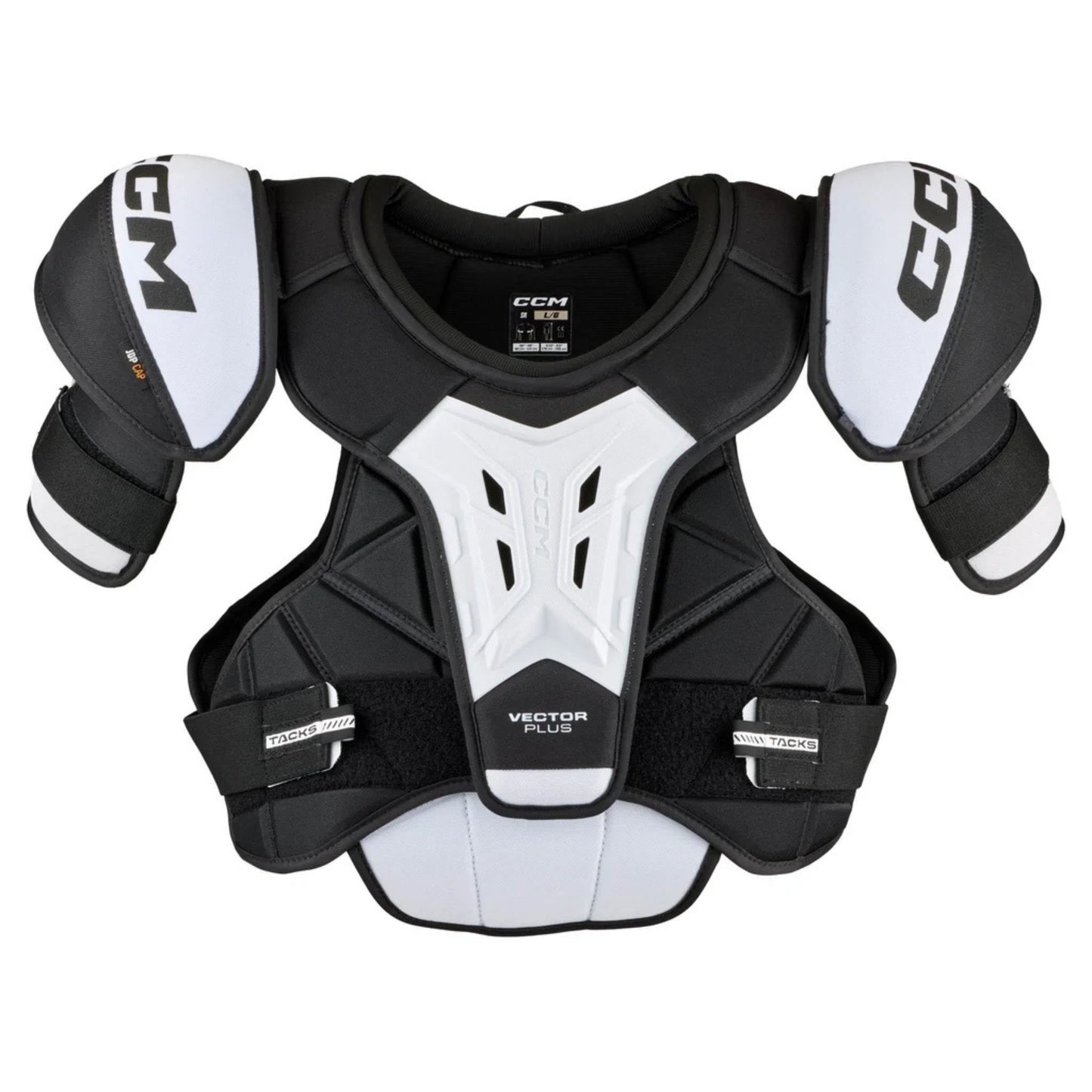 A photo of the CCM Tacks Vector Plus Hockey Shoulder Pads in colour white and black.