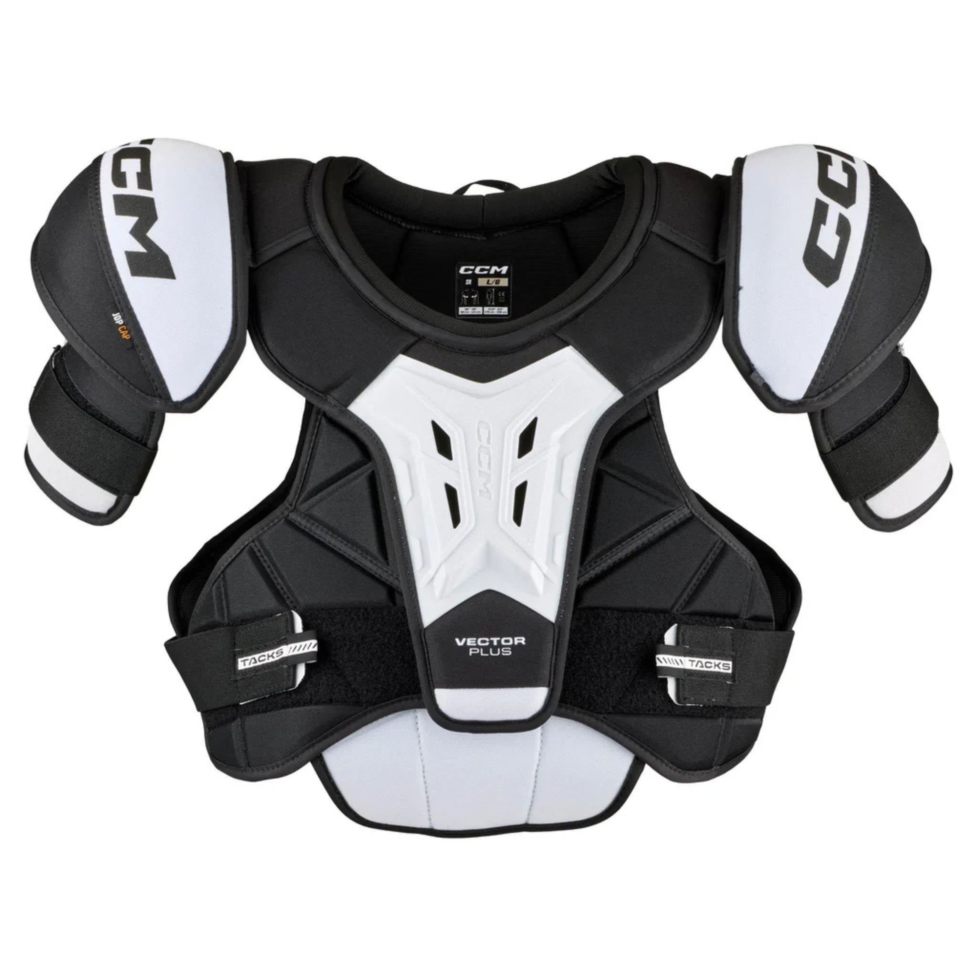 A photo of the CCM Tacks Vector Plus Hockey Shoulder Pads in colour white and black.