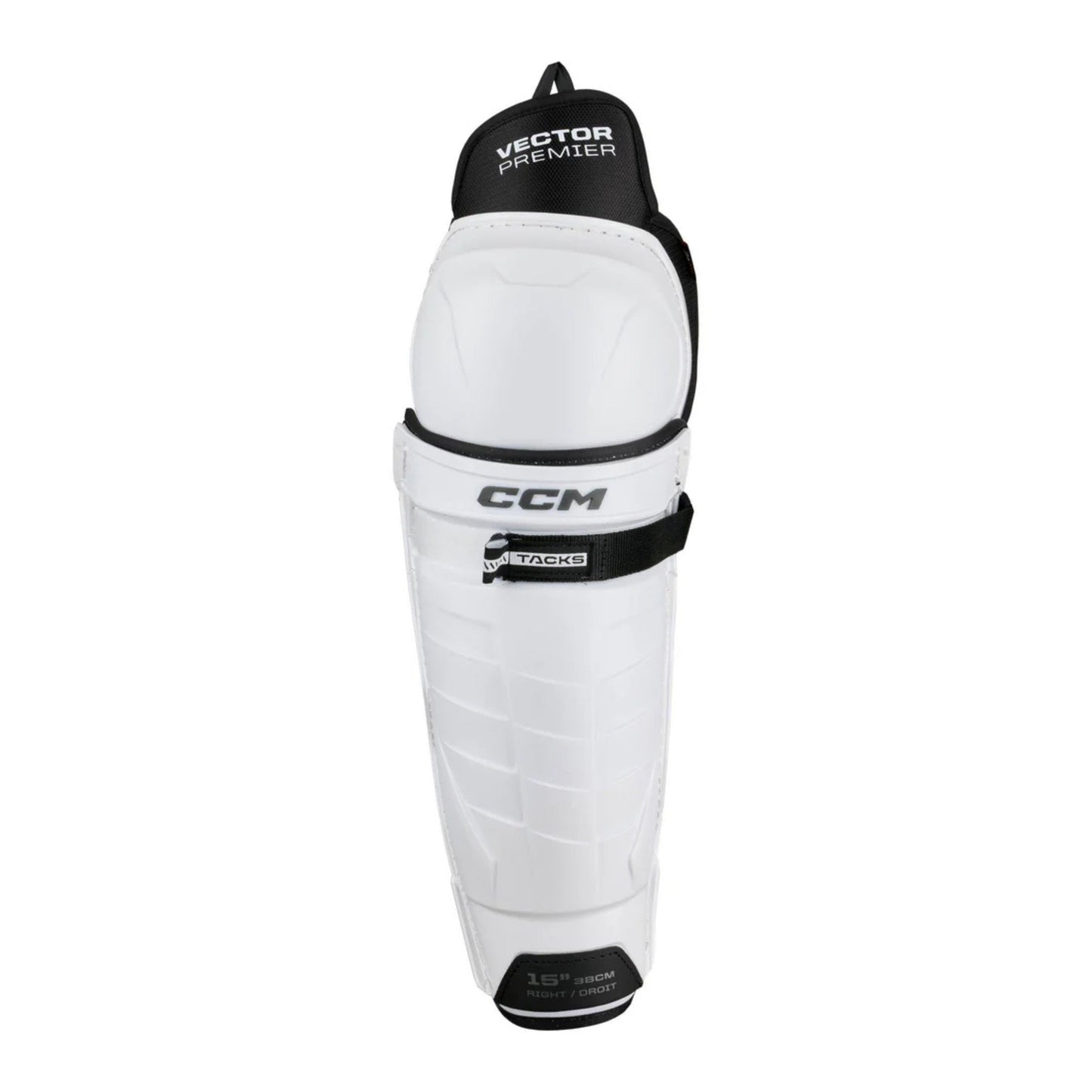 A photo of the CCM Tacks Vector Premier Hockey Shin Guards in colour white and black.