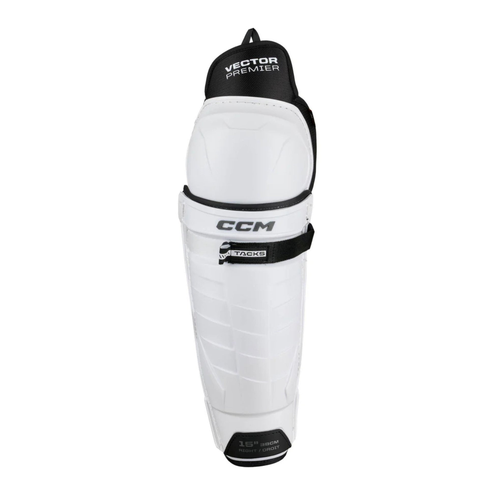 A photo of the CCM Tacks Vector Premier Hockey Shin Guards in colour white and black.