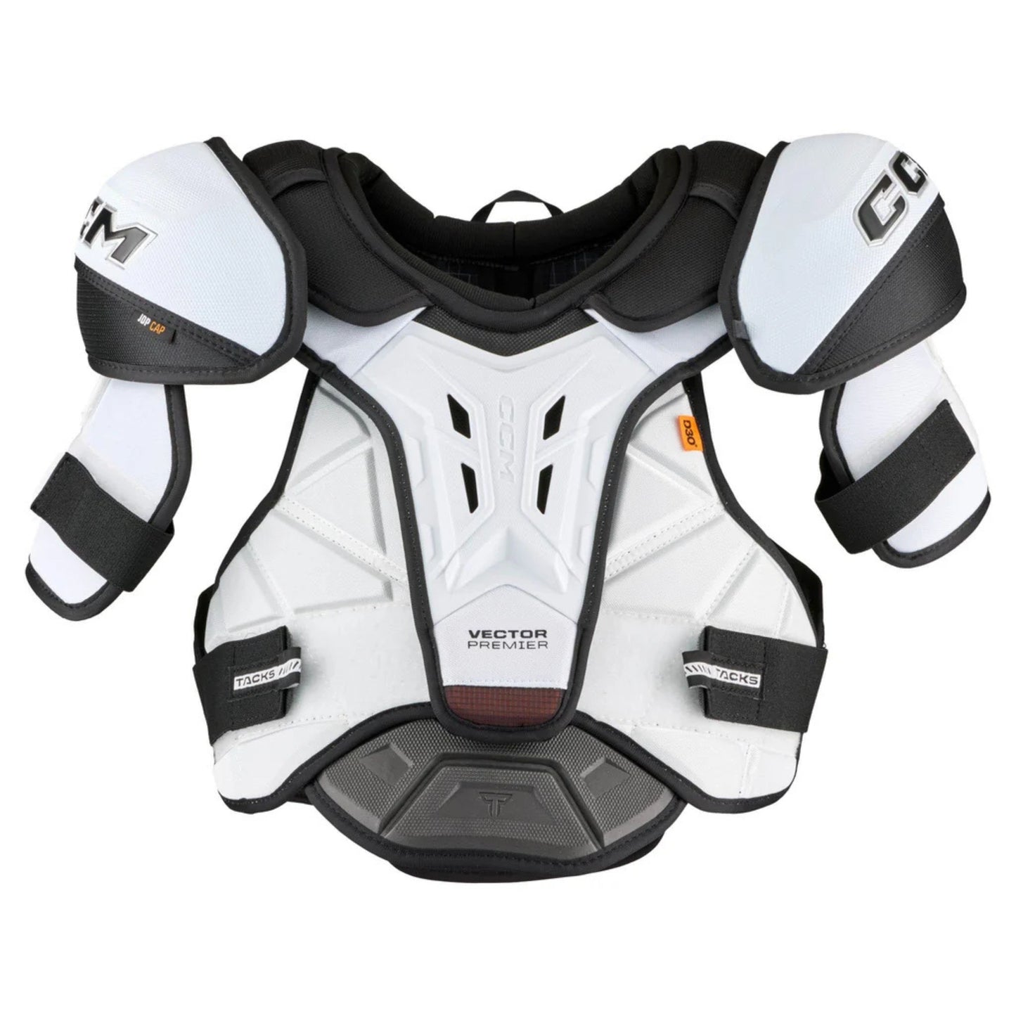 A photo of the CCM Tacks Vector Premier Hockey Shoulder Pads in colour white and black.