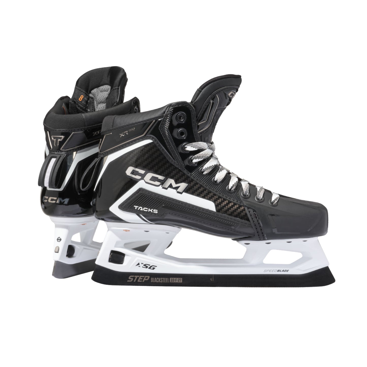 A photo of the CCM Tacks XR Pro Goalie Skates in colour black and white.