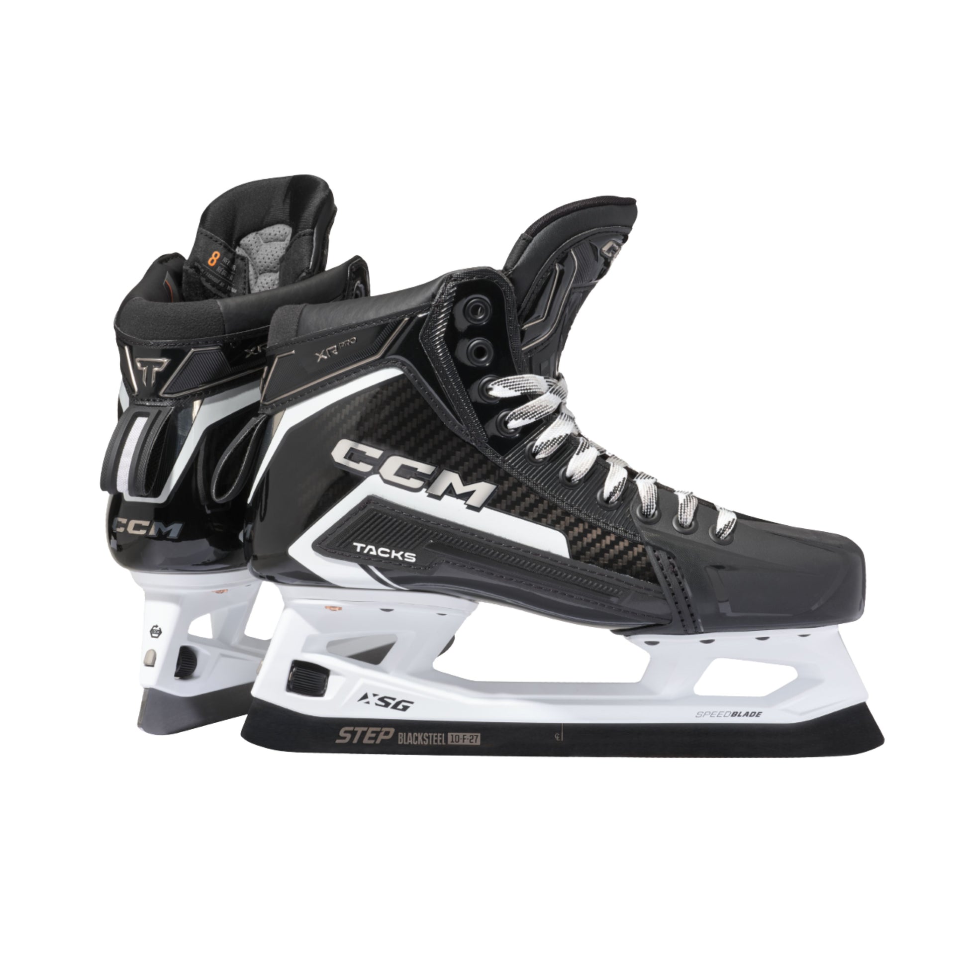 A photo of the CCM Tacks XR Pro Goalie Skates in colour black and white.