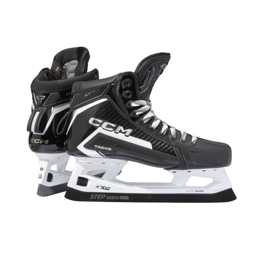 A photo of the CCM Tacks XR Pro Goalie Skates in colour black and white.