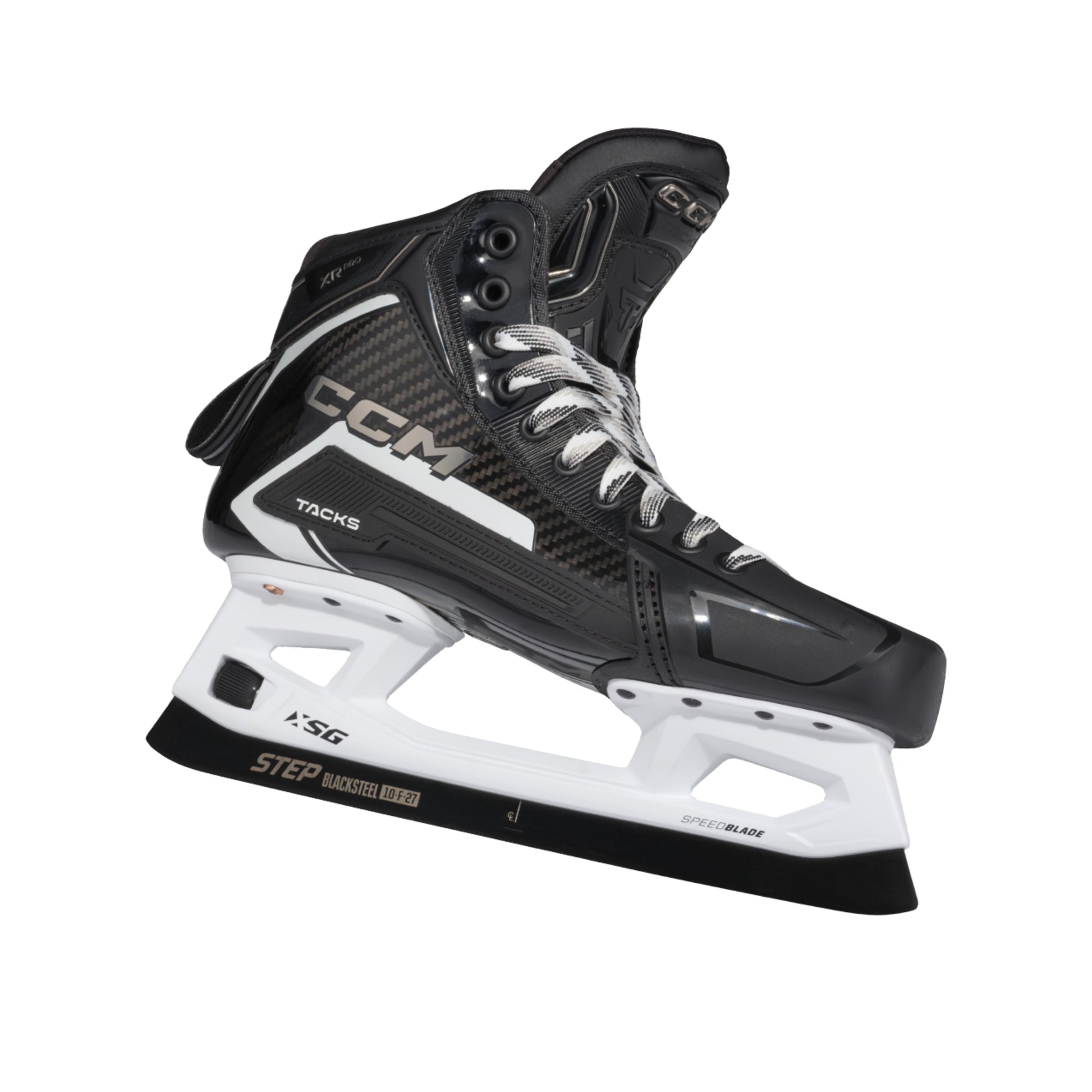 A photo of the CCM Tacks XR Pro Goalie Skates in colour black and white.