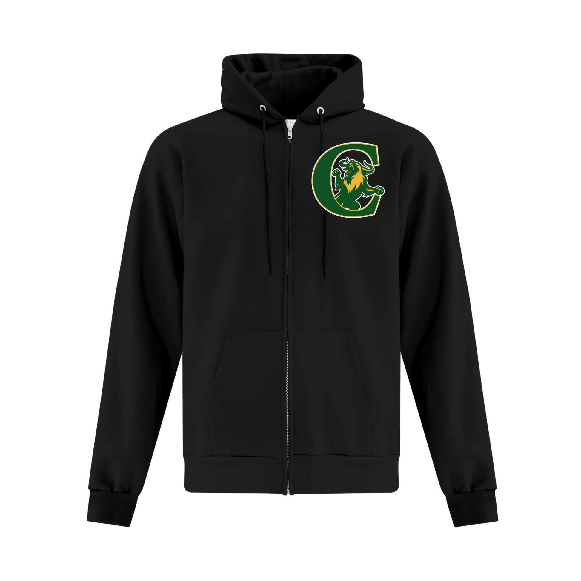 A photo of the Confederation Chargers full zip hoodies. Colour black with left chest logo.