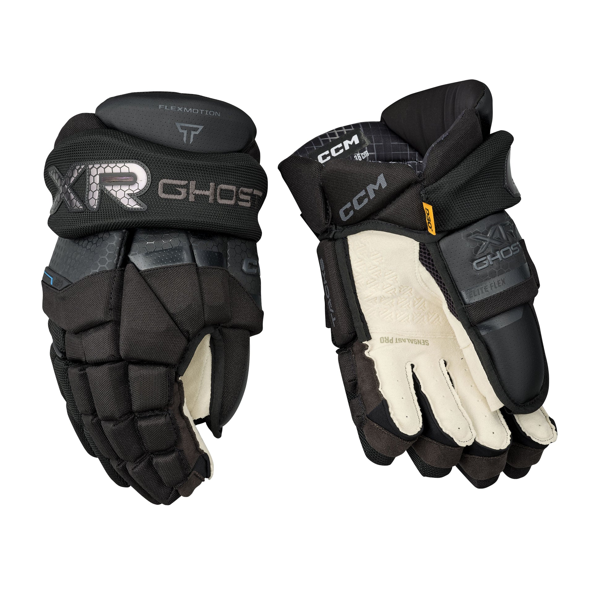 A photo of the CCM Tacks XR Ghost Hockey Gloves in colour black and grey.