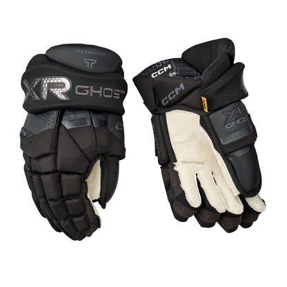 A photo of the CCM Tacks XR Ghost Hockey Gloves in colour black and grey.