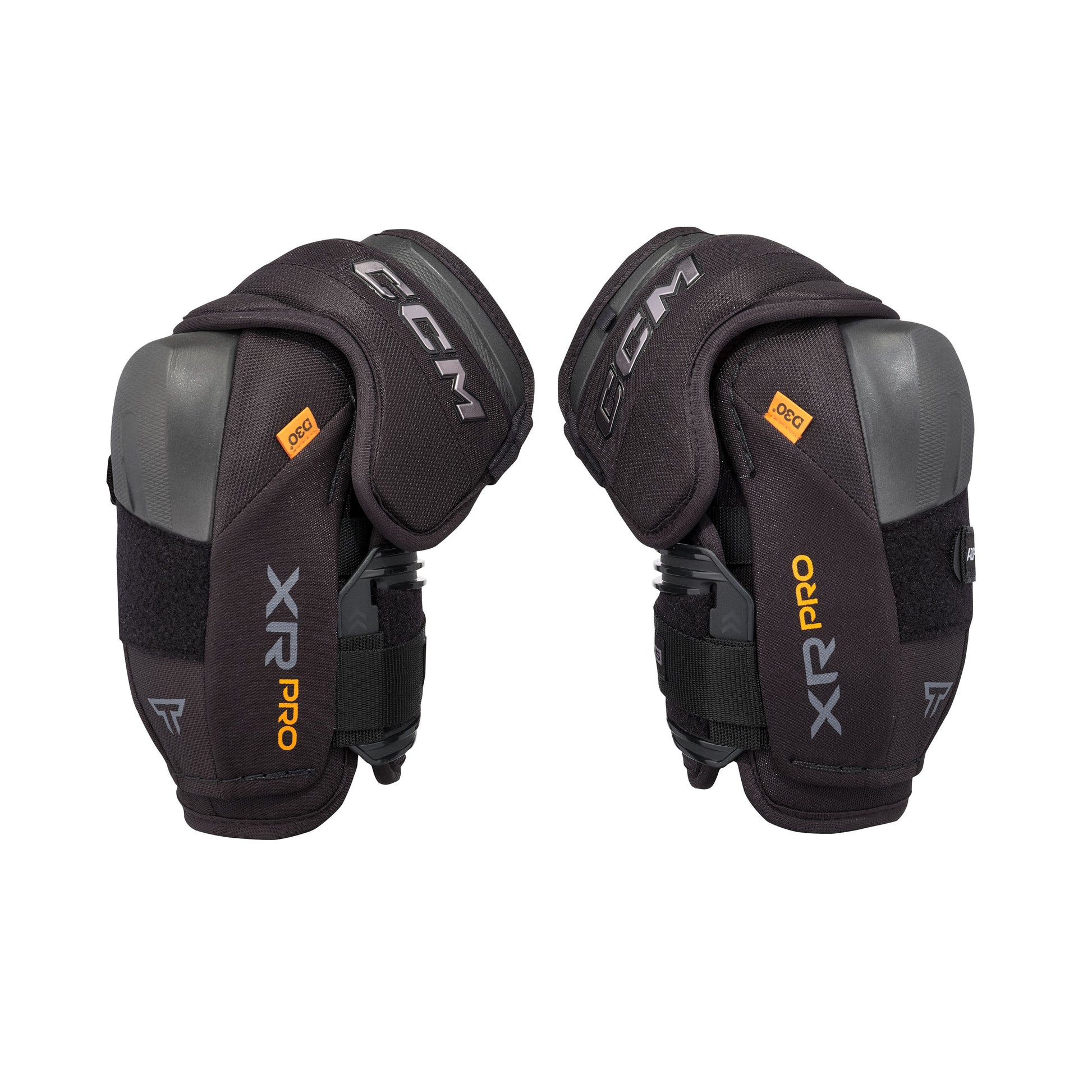 A photo of the CCM Tacks XR Pro Hockey Elbow Pads in colour black and orange.