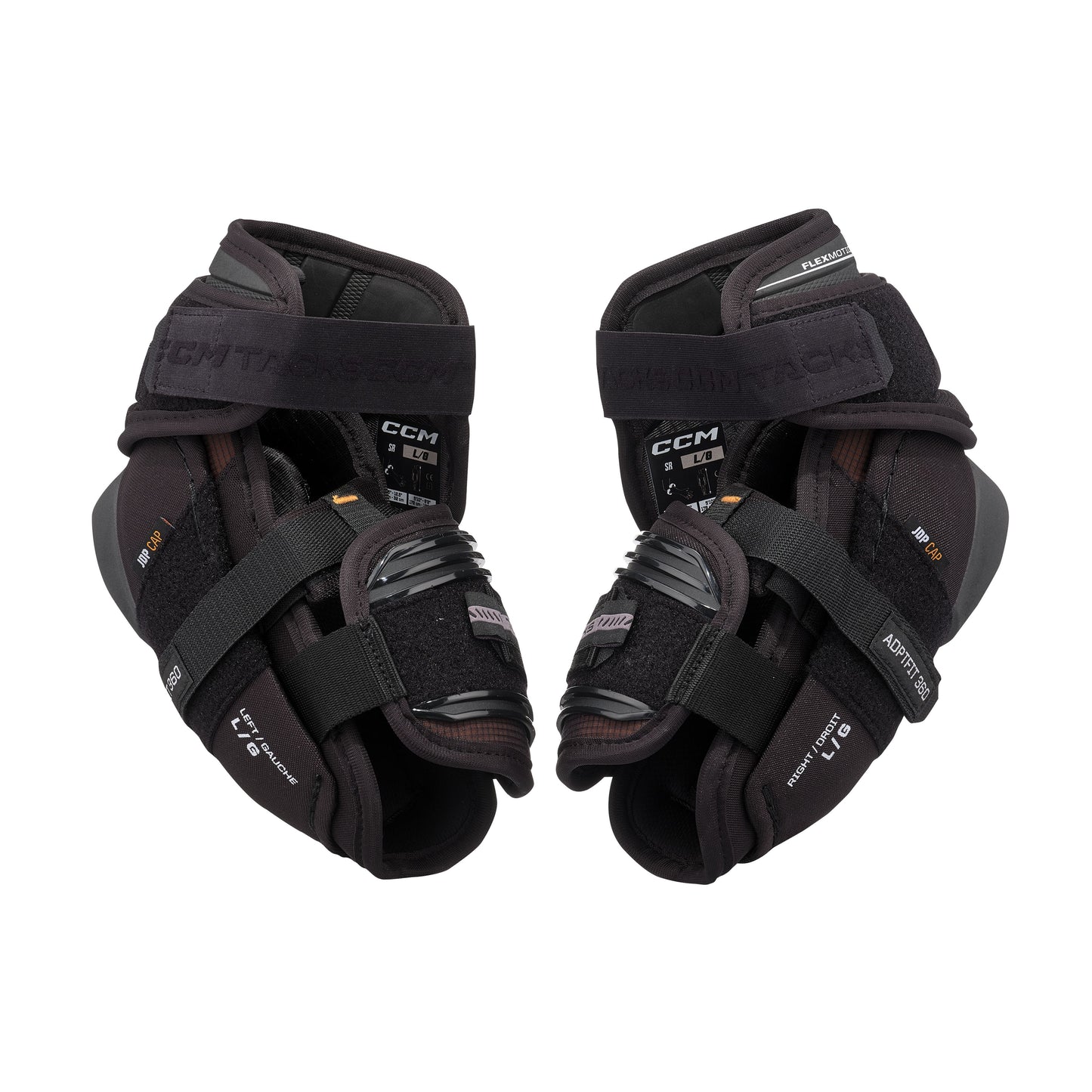 A photo of the CCM Tacks XR Pro Hockey Elbow Pads in colour black and orange.