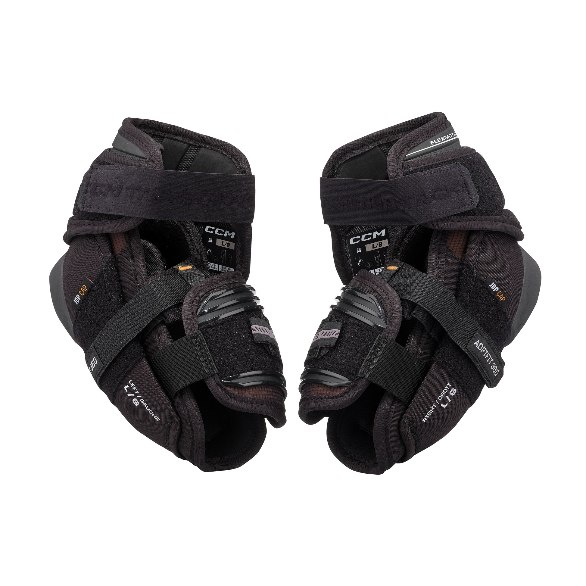 A photo of the CCM Tacks XR Pro Hockey Elbow Pads in colour black and orange.