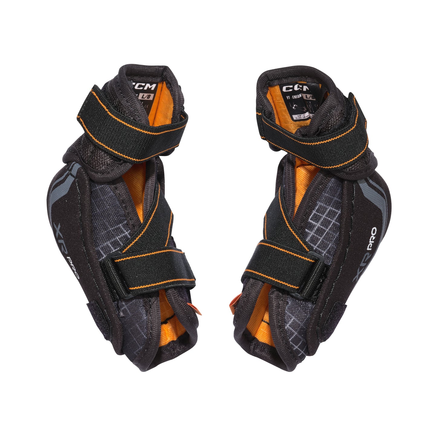A photo of the CCM Tacks XR Pro Youth Hockey Elbow Pads in colour black and orange.
