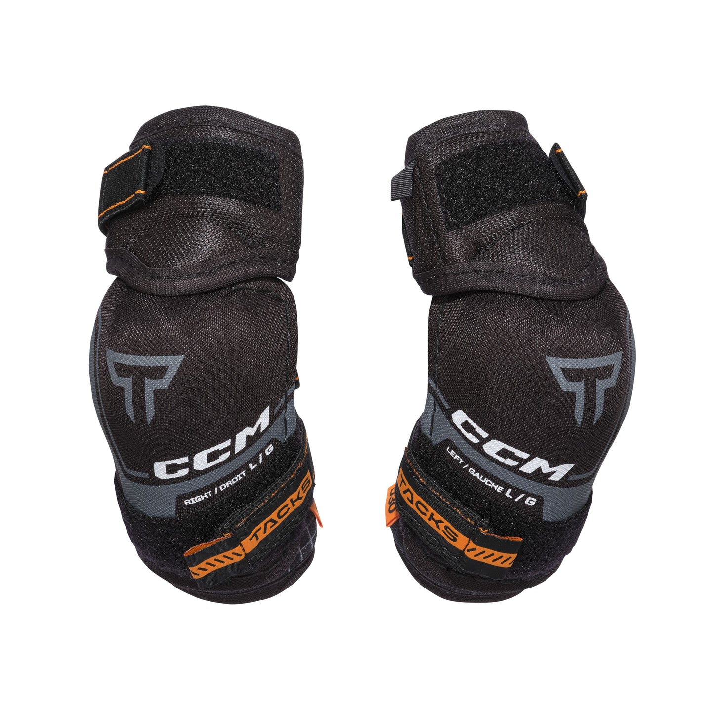 A photo of the CCM Tacks XR Pro Youth Hockey Elbow Pads in colour black and orange.